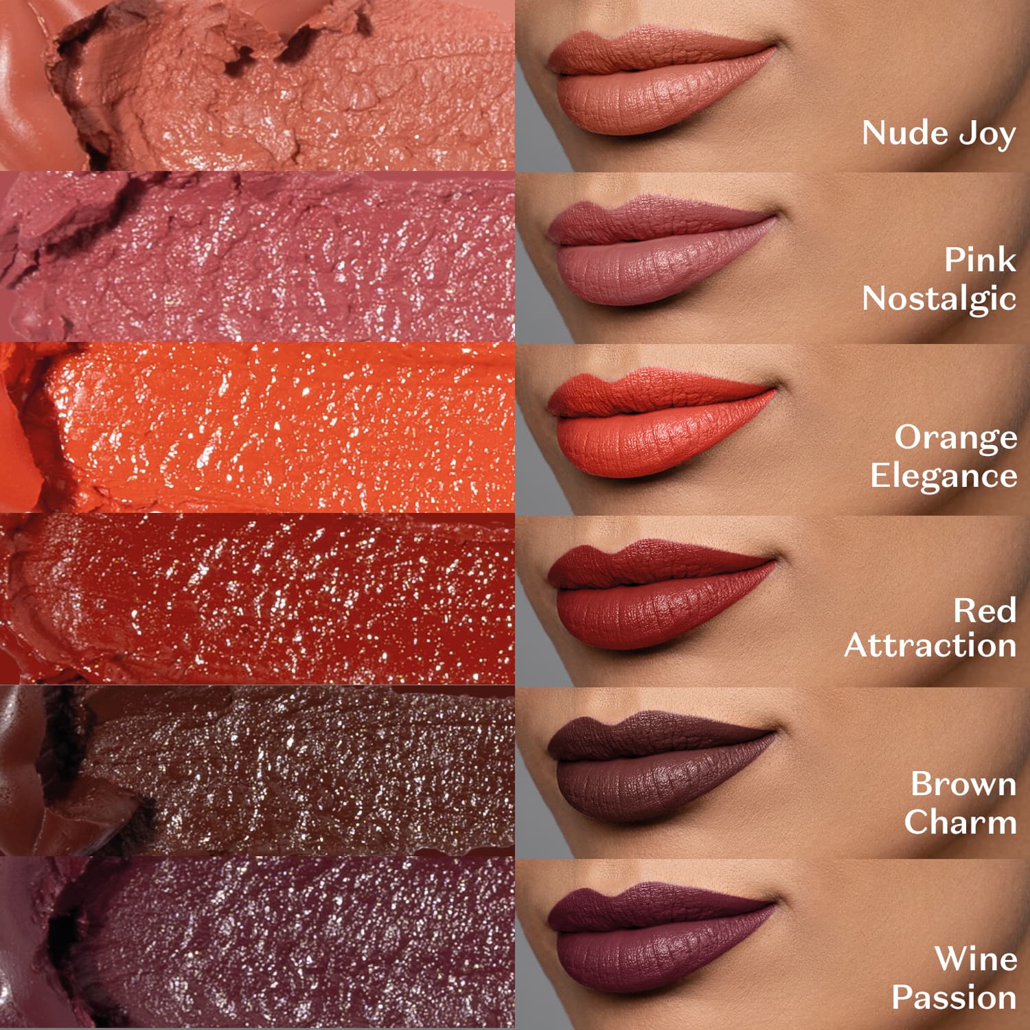 A imagem destaca amostra do resultado das seis cores do estojo Make B. Six Mini Lips: Nude Joy - marrom nude; Pink Nostalgic - rosa vivo; Orange Elegance- laranja; Red Attraction- vermelho poderoso; Brown Charm- marrom escuro; Wine Passion-vinho estiloso