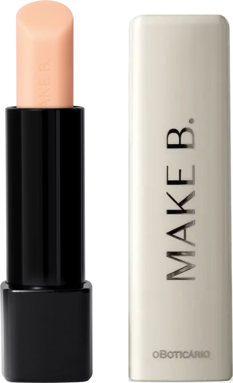 O produto de beleza exibido na imagem é um batom da marca Make B. A embalagem é composta por um tubo preto com uma tampa branca. O batom em si possui uma cor de pele clara e suave.