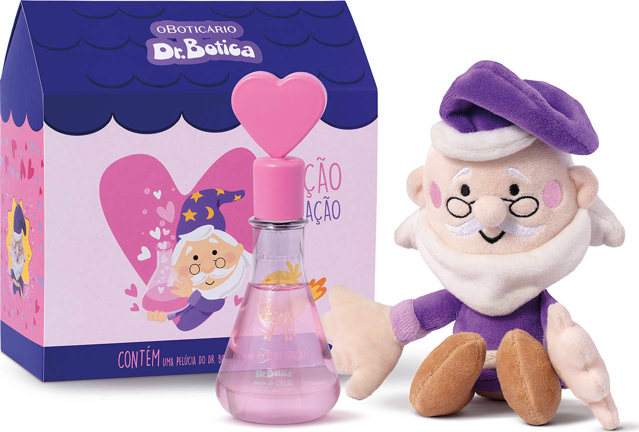 Kit infantil Dr. Botica. O kit é composto por uma caixa retangular azul marinho com detalhes em rosa, exibindo o logotipo da marca. Dentro da caixa, há um frasco de vidro transparente em formato de coração com líquido rosa e um brinquedo de pelúcia