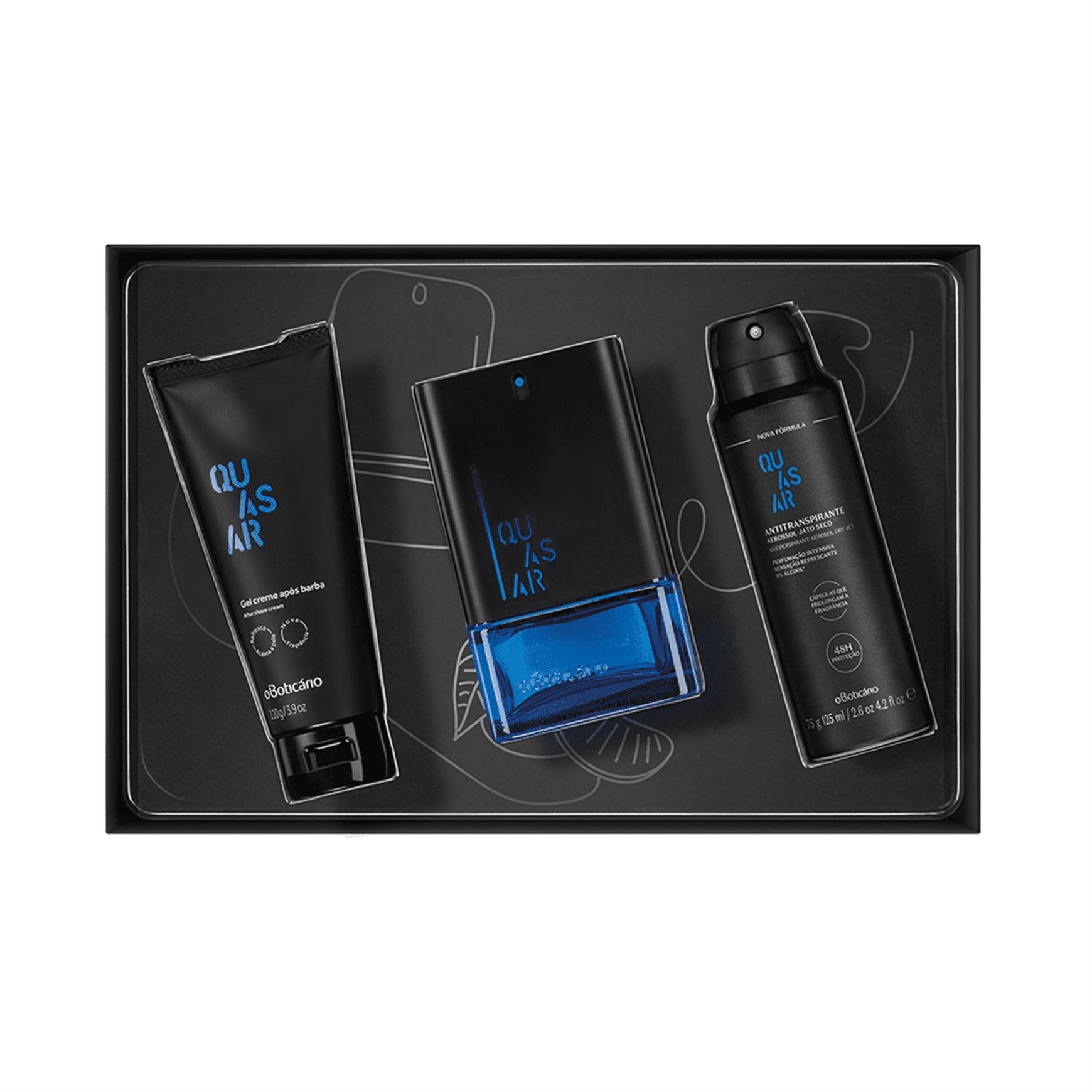 Kit Presente Quasar: Desodorante Colônia 100ml + Gel Após Barba 110g + Desodorante Antitranspirante Aerossol 75g.