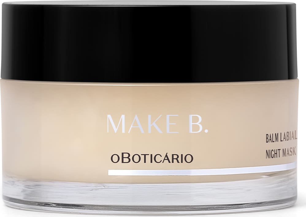 O produto apresentado é um pote de máscara labial noturna da marca Make B. O recipiente é redondo, com uma tampa preta e o rótulo exibe o nome "oBoticario" em letras brancas. O texto no rótulo indica que se trata de um "Balm Labial Night Mask.