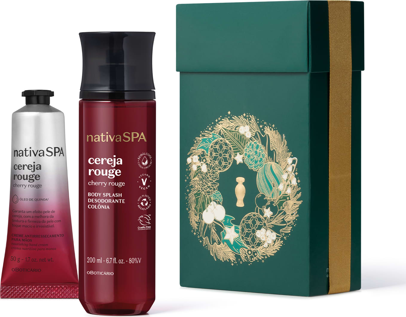Conjunto de produtos Nativa SPA, incluindo um frasco de creme corporal "Cereja Rouge" em vermelho e uma caixa verde com detalhes dourados, exibindo uma ilustração floral.