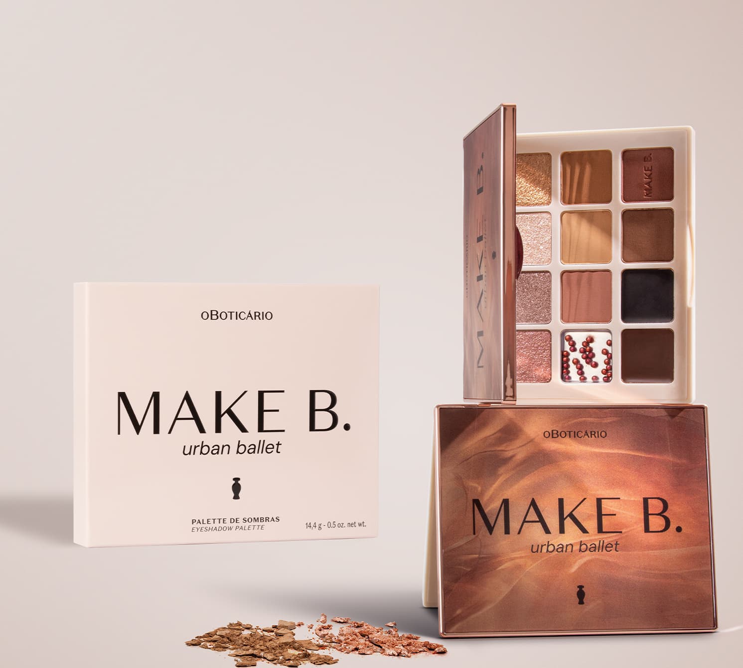 A caixa contém 12 sombras em diferentes tons de marrom, bege e dourado. Abaixo da caixa da paleta, há uma embalagem adicional com o mesmo design e nome do produto.