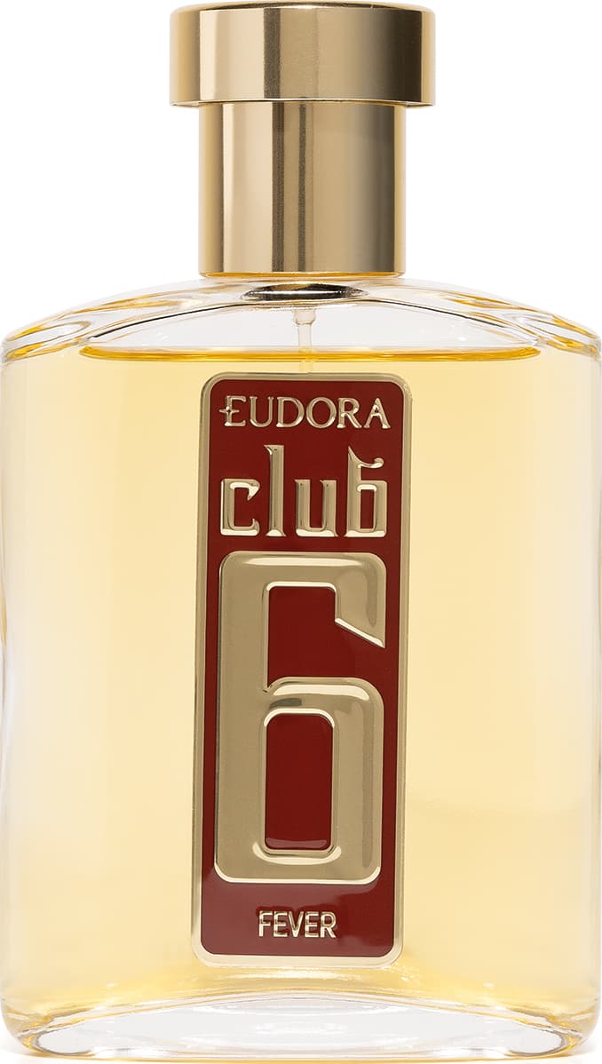 Frasco Fever da linha Club 6. O frasco é de vidro transparente com um líquido amarelo claro e possui uma tampa dourada cilíndrica. O rótulo, centralizado na vertical, apresenta o nome Eudora Club 6 Fever em fundo vermelho e letras douradas.