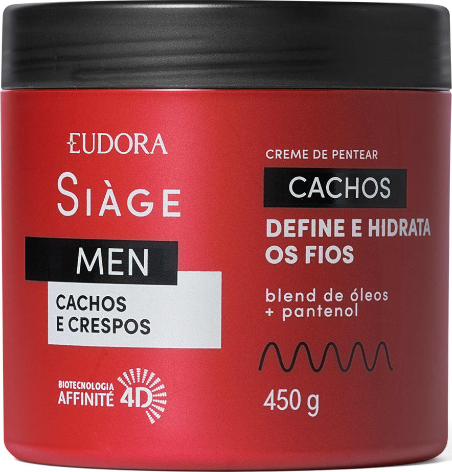 A imagem mostra um pote vermelho de creme de pentear cachos da linha Siàge Men da marca Eudora com capacidade de 450ml. O frasco tem os escritos em prateado com destaque para a biotecnologia Affinité 4D utilizada na formulação.