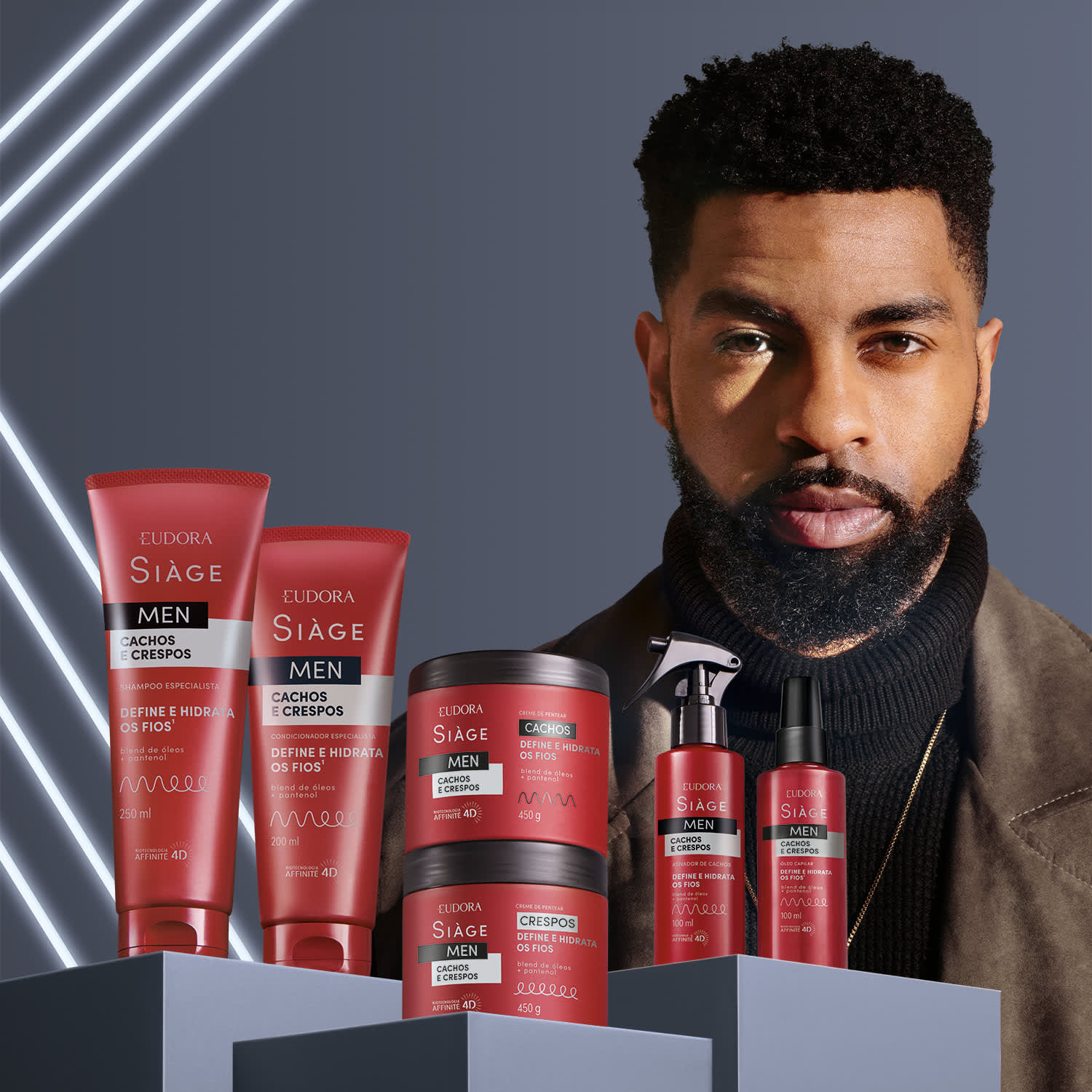 Um homem negro de cabelos crespos e barba aparada com uma expressão séria ao lado da linha completa de produtos Siàge Men, todos em embalagens vermelhas, alguns com tampa preta. O fundo é de tom cinza azulado com traços prateados, transmitindo tecnologia.