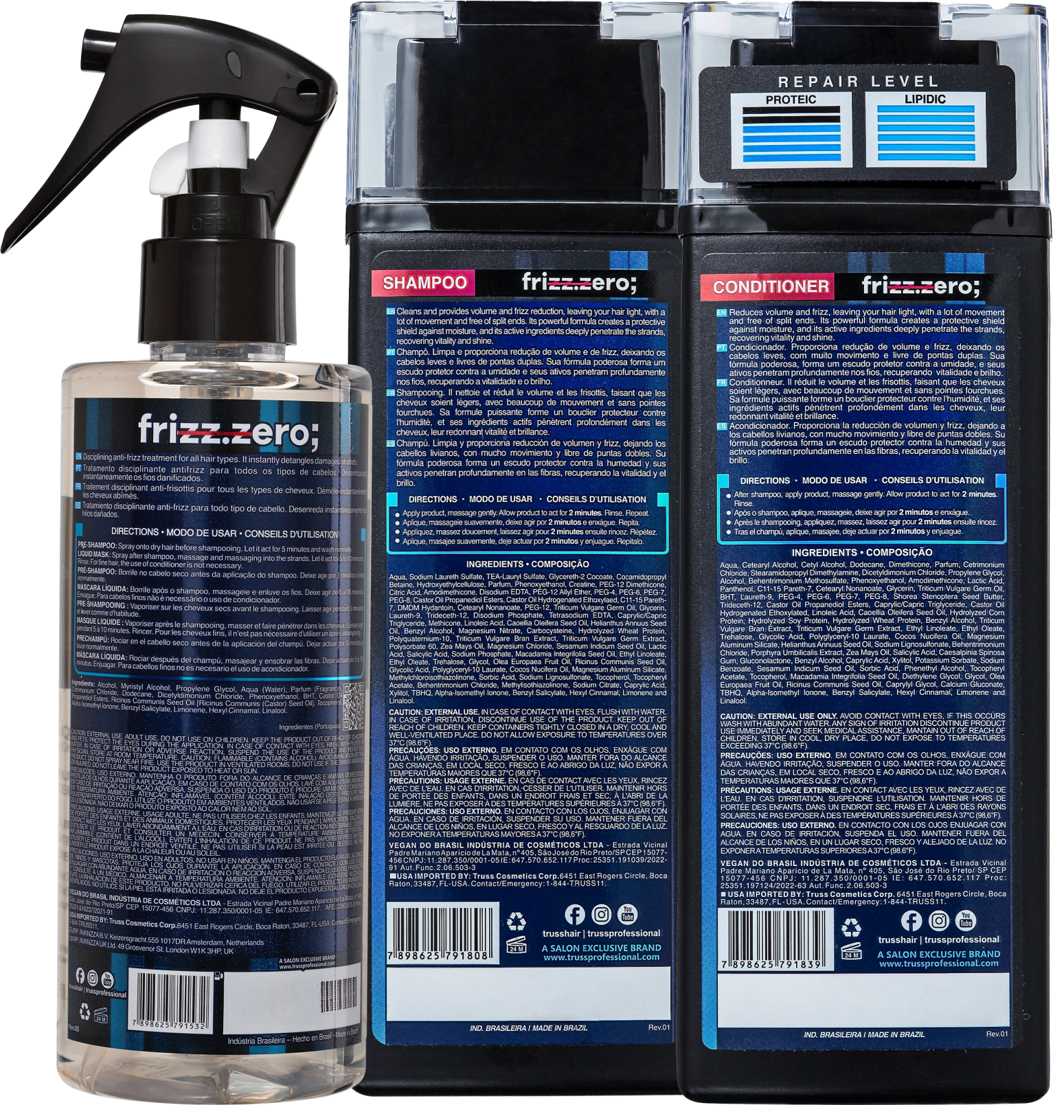 A imagem mostra os mesmo três produtos da linha Frizz Zero.  As embalagens são predominantemente azuis e pretas, estão viradas e trazem na parte de trás dos rótulos informações detalhadas sobre os produtos e instruções de uso impressas nelas.