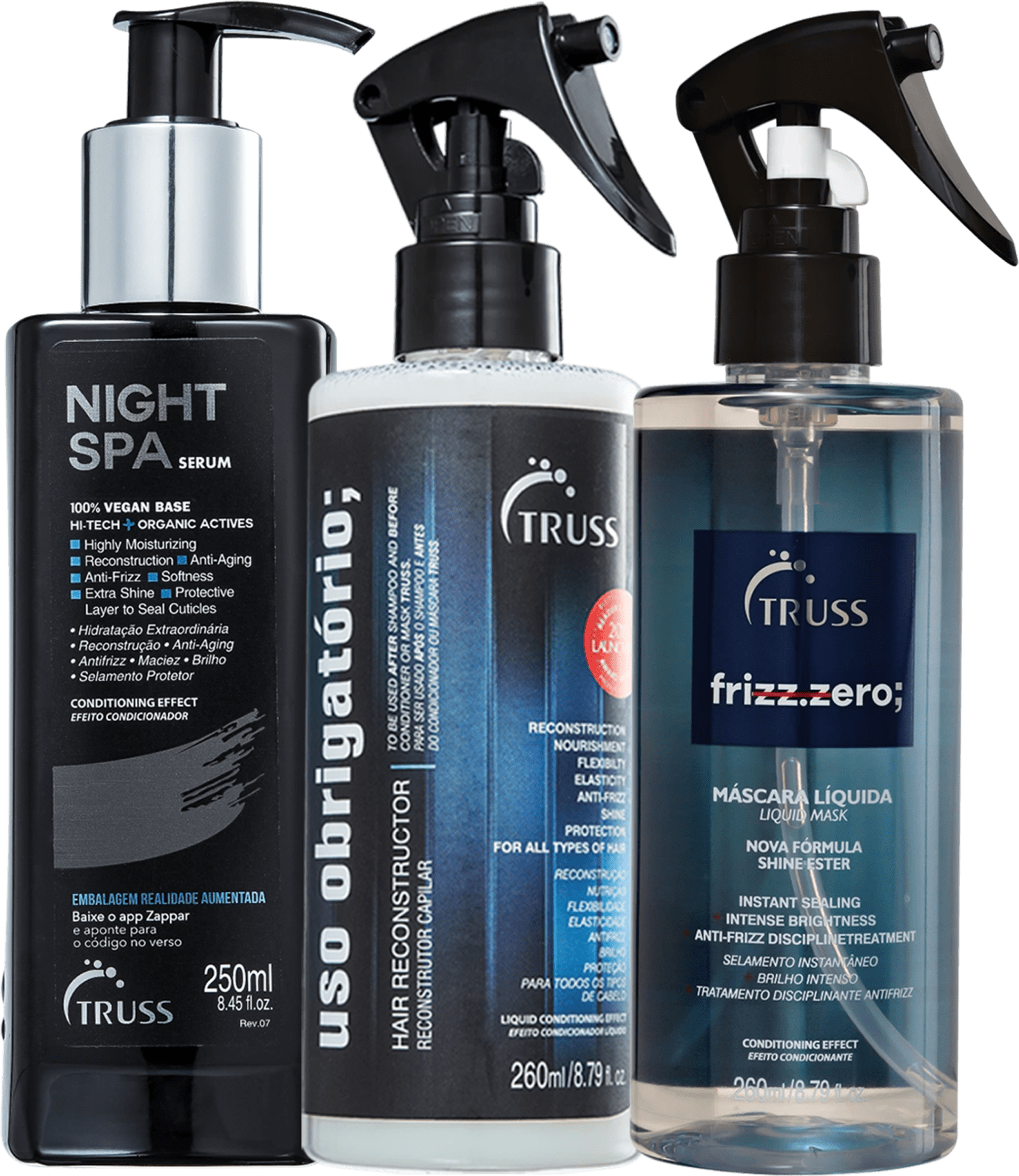 A imagem mostra três produtos da Truss: "Night Spa Serum" vegano para hidratação e brilho, "Usar Reconstrutor" para flexibilidade e antiemborrachamento, e "Frizz Zero Liquid Mask" para brilho e selamento. Todos têm embalagens com bombas dosadoras.