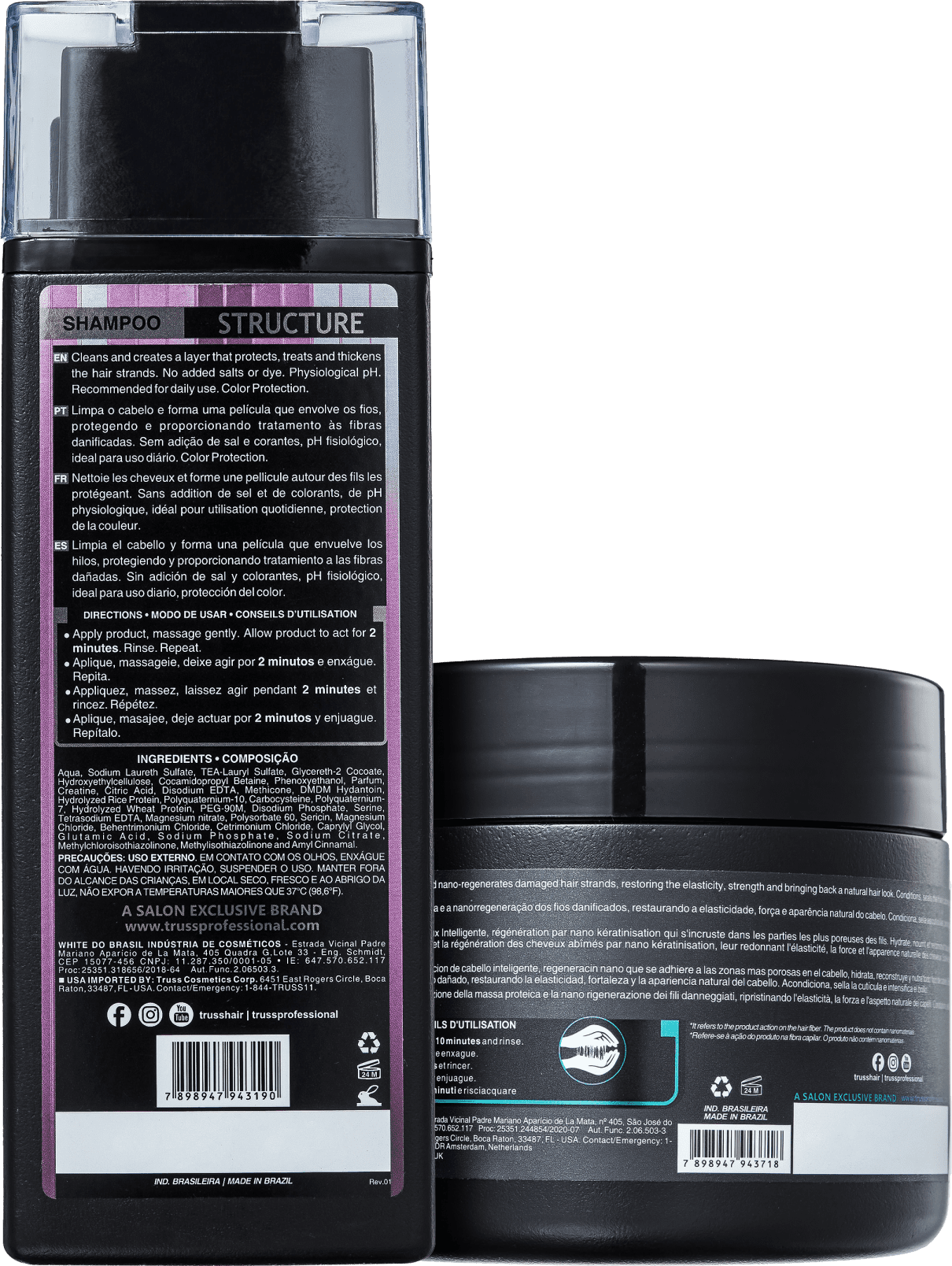 A imagem mostra a parte de trás dos produtos do kit, contendo modo de uso, ingredientes e outras informações em letras miúdas.