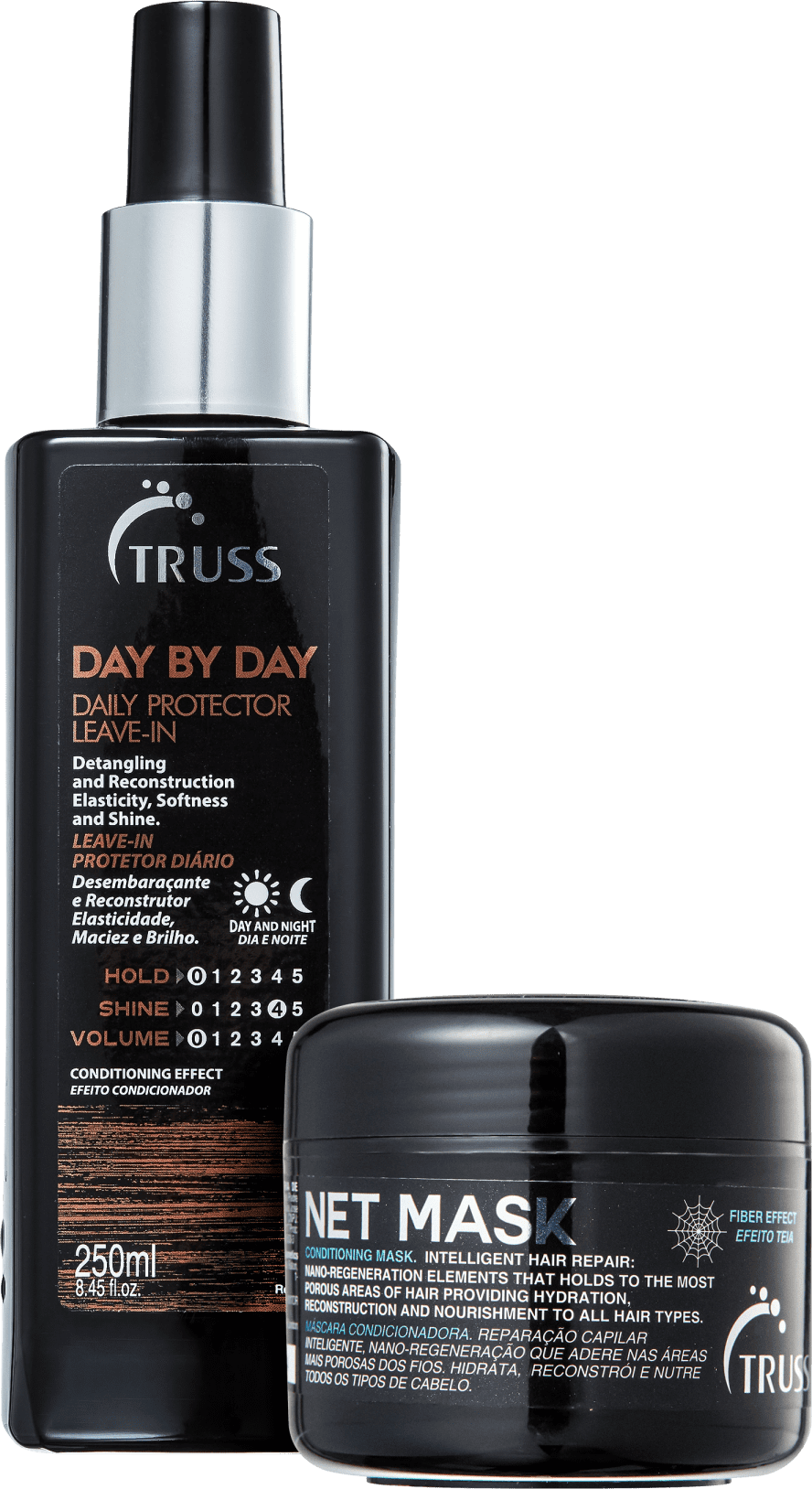 O produto apresentado é um leave-in chamado "Day by Day" da marca TRUSS. Vem em um frasco plástico preto com detalhes em prata e laranja. 
Também é mostrado um pote preto com o nome "Net Mask". É descrito como uma máscara que hidrata, protege e nutre.