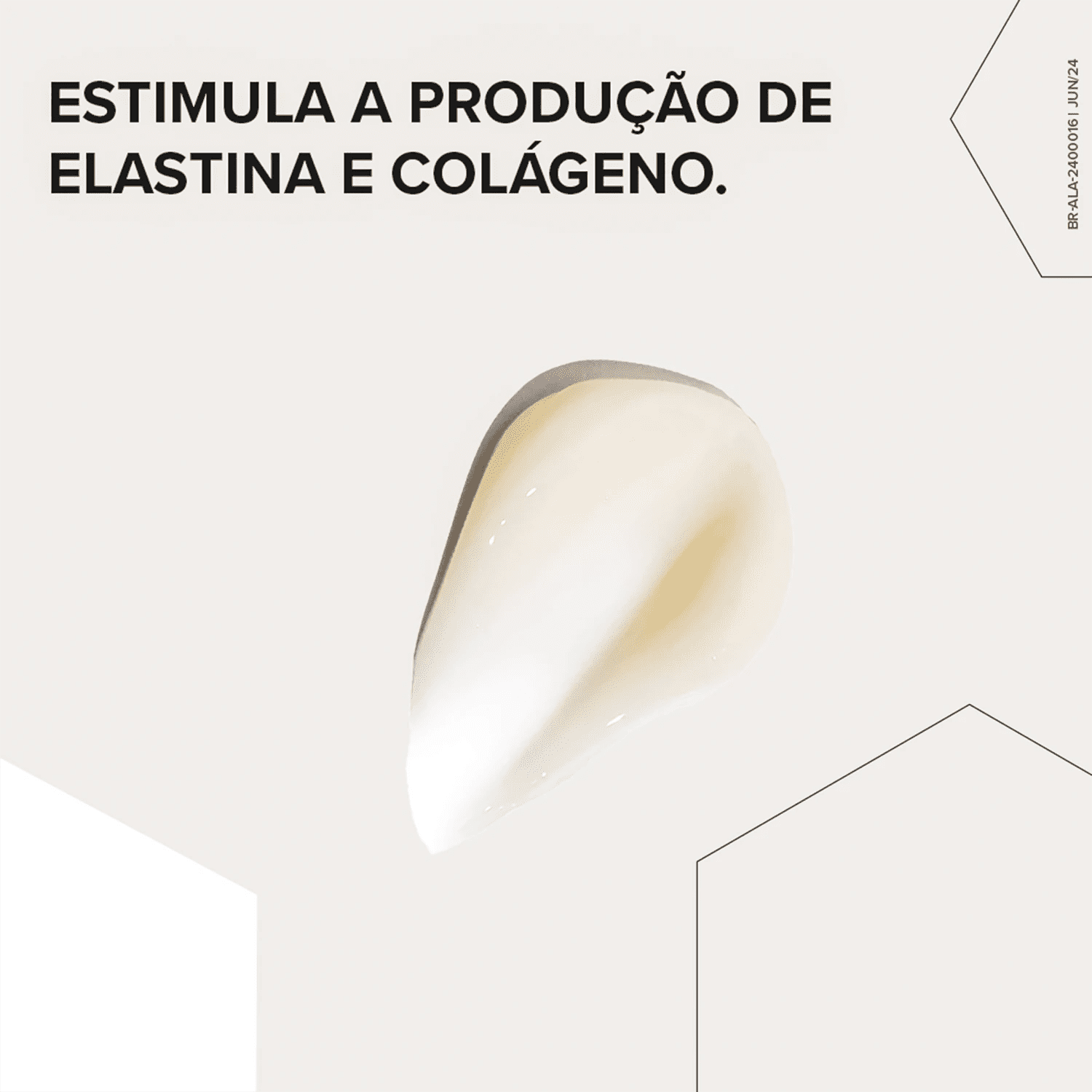 A imagem apresenta texto em letras maiúsculas e negritadas que diz "ESTIMULA A PRODUÇÃO DE ELASTINA E COLÁGENO."