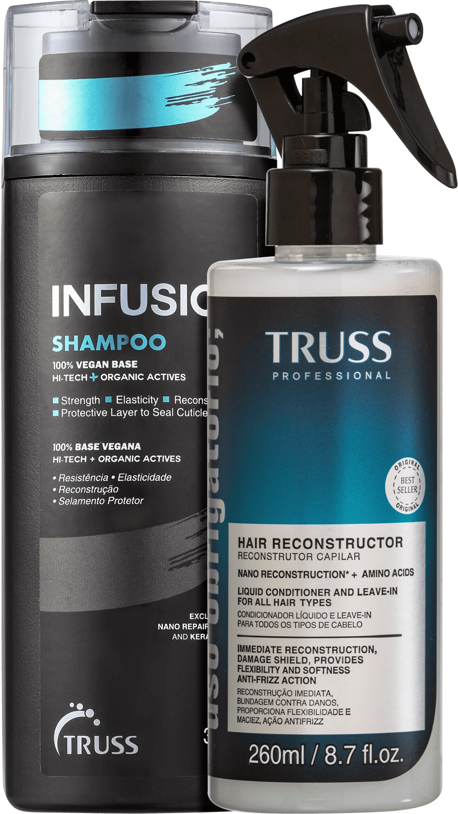 A imagem mostra dois produtos da TRUSS: s shampoo Infusion 300ml e Spray Uso Obrigatório 260ml. As cores predominantes são azul, preto, prata e cinza.