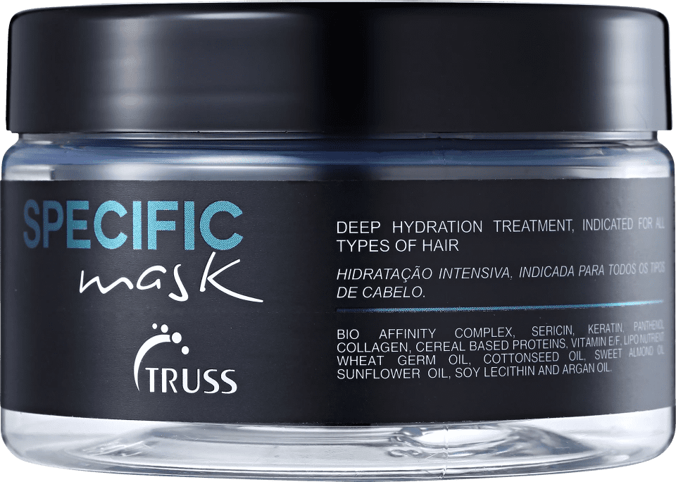 Máscara de tratamento capilar hidratante profunda da marca TRUSS, linha Specific Mask. Embalagem em pote transparente de vidro com tampa preta.
