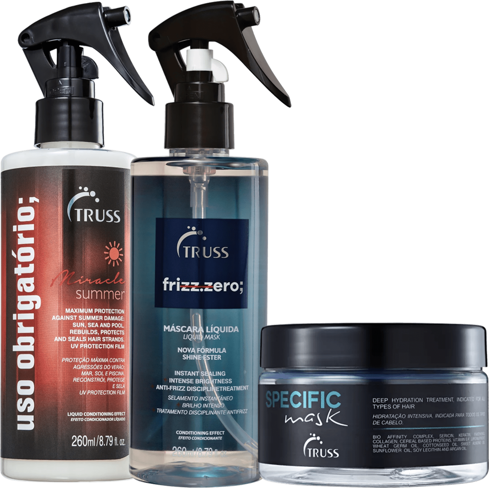 A imagem mostra três produtos de cuidados capilares da marca Truss: Uso Obrigatório Miracle Summer, Frizz Zero, Specific Mask.