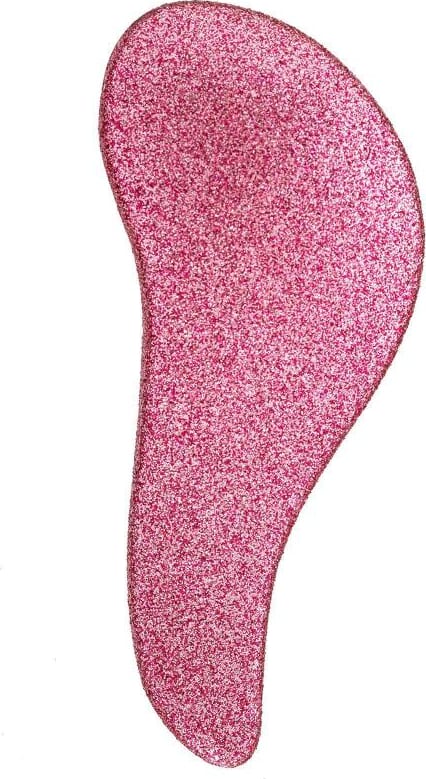 A imagem mostra a escova de pentear em formato anatômico curvado e com uma cor brilhante estilo glitter rosa.