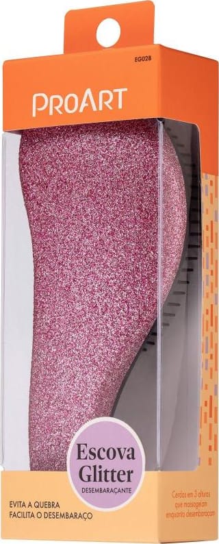 A imagem mostra uma embalagem plástica transparente contendo uma escova de cabelo com cerdas pretas e corpo brilhante em tom rosa. A embalagem é laranja com o logotipo "ProArt" e a descrição "Escova Glitter" em português.
