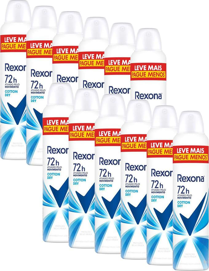 Kit com 12 Desodorantes Antitranspirantes Aerosol Feminino Rexona Cotton  Dry 72 horas 250ml