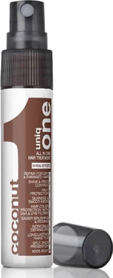 Leave-in da linha Uniq One da marca Revlon Professional. Rótulo marrom com o nome do produto "Uniq One" e informações como "All in One Hair Treatment" (Tratamento Capilar Tudo em Um), "Repair for Dry & Damaged Hair" (Reparação para Cabelos Secos)