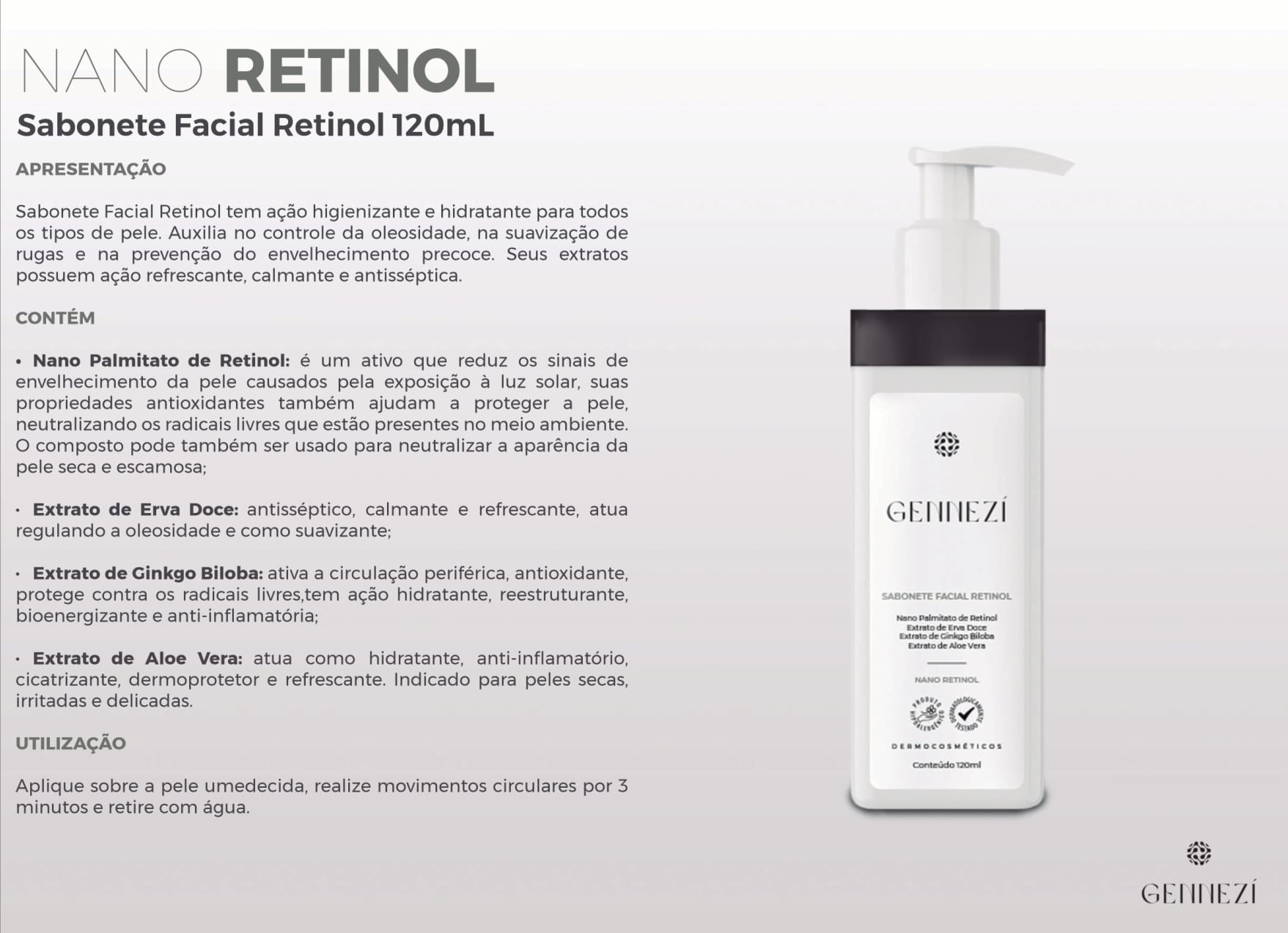 Ao lado esquerdo da imagem há um texto sobre o produto, seus ativos e modo de uso. Do lado direito há uma foto da embalagem.