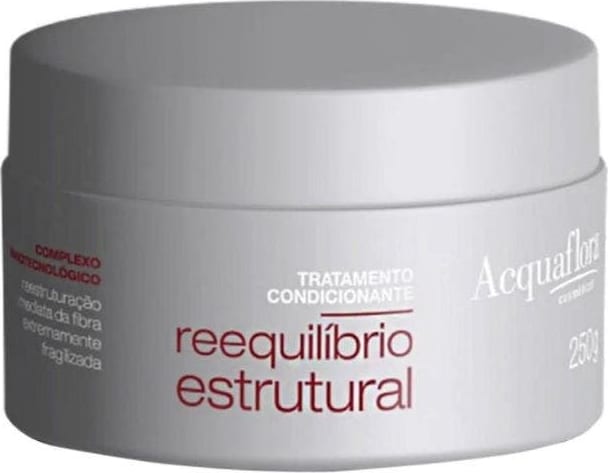 Tratamento condicionante Acquaflora Reequilíbrio Estrutural em embalagem branca redonda com rótulo vermelho e branco, contendo 250g do produto.