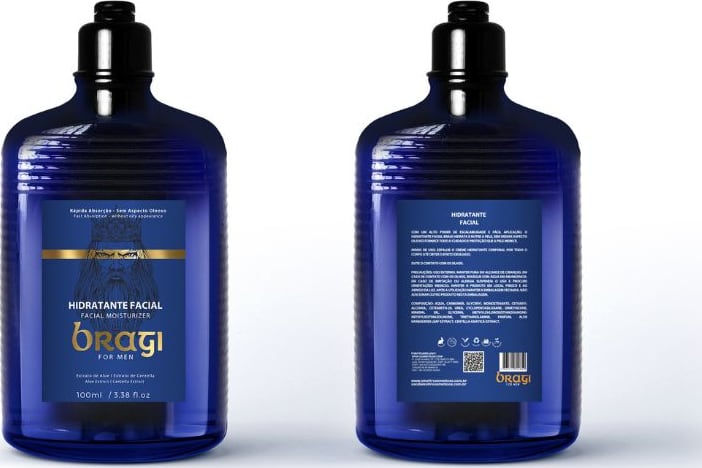 A imagem mostra dois frascos azuis com tampas pretas e relevo texturizado em todo o vidro. Na parte frontal, há um rótulo com o logo e o nome do produto. Na parte traseira, um dos frascos apresenta informações detalhadas sobre a fórmula.