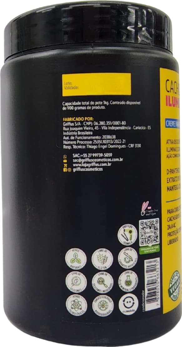 A imagem mostra a lateral do pote do creme de pentear. A parte é toda preta e traz os selos que a fórmula possui.