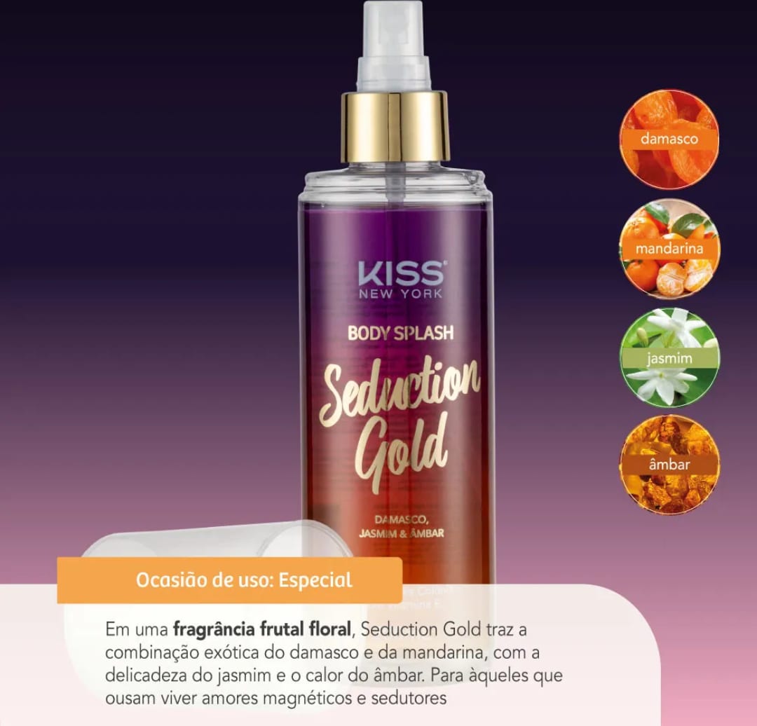 A imagem mostra o body splash e algumas informações mais detalhadas sobre a fragrância do produto.
