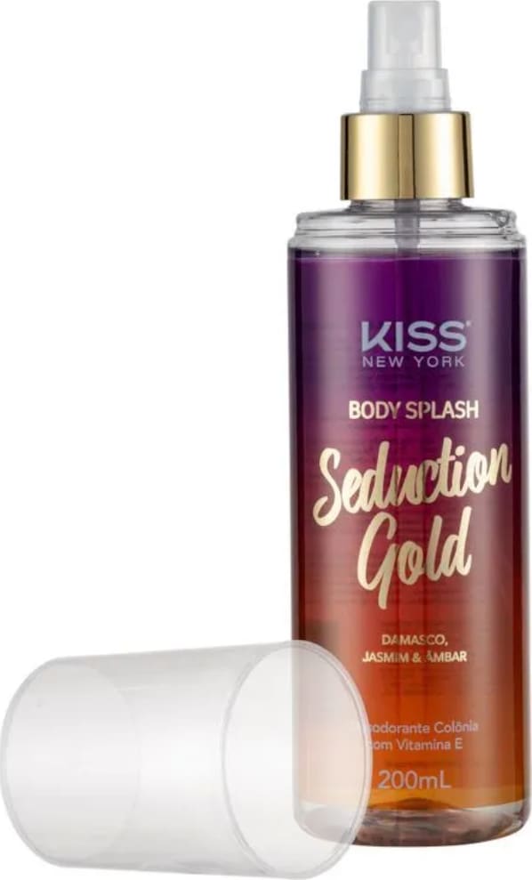 A imagem mostra a embalagem do produto destampada, revelando o detalhe dourado da válvula spray.