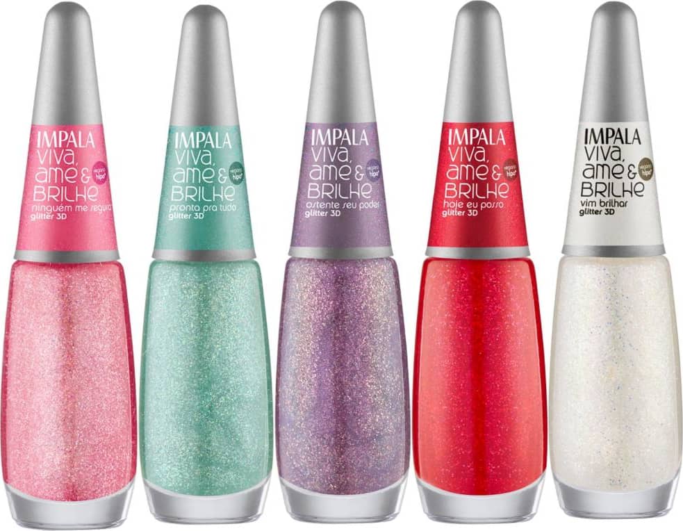 Kit Esmalte Glitter 3D Impala Viva, Ame e Brilhe Com 9 7,5ml