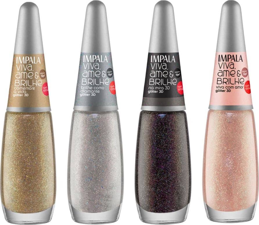 Kit Esmalte Glitter 3D Impala Viva, Ame e Brilhe Com 9 7,5ml