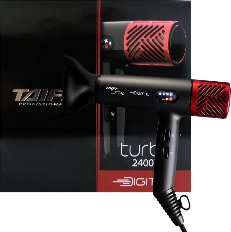 Secador de cabelos da marca Taiff, modelo Turbo 2400. O secador possui um design preto e vermelho, com o logotipo da marca Taiff visível. O corpo do secador é preto, enquanto os difusores de ar são vermelhos.