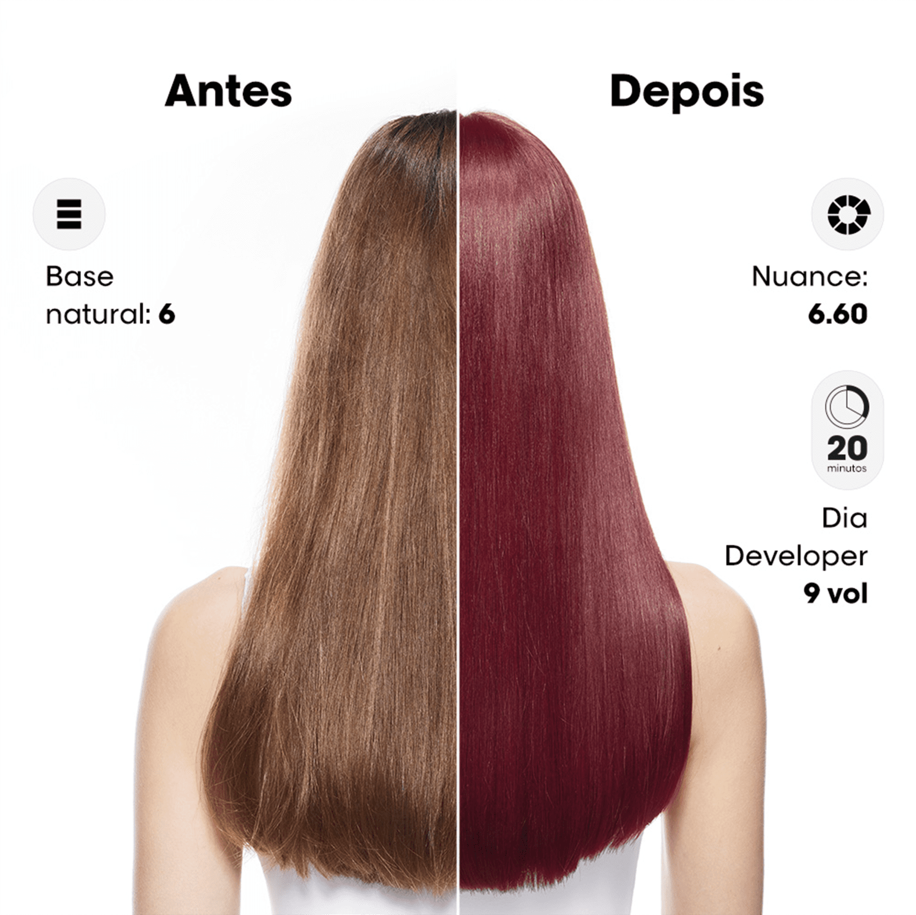 A imagem mostra os resultados de um tratamento capilar da linha L'Oréal Professionnel. Está dividida em duas partes: "Antes" e "Depois", mostrando os resultados obtidos a partir do uso do produto Dia Color.