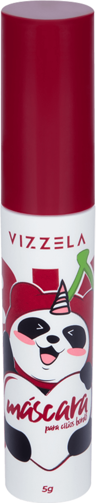 Máscara para cílios em embalagem cilíndrica vermelha com tampa vermelha. A embalagem apresenta o logotipo da marca Vizzela e a imagem de um panda estilizado. O peso líquido de 5g também está indicado na embalagem.