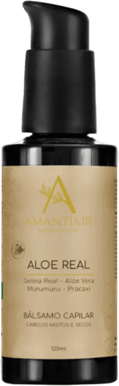 A imagem mostra um frasco escuro de 120ml de bálsamo capilar com rótulo de cor parda e tampa preta com pump.