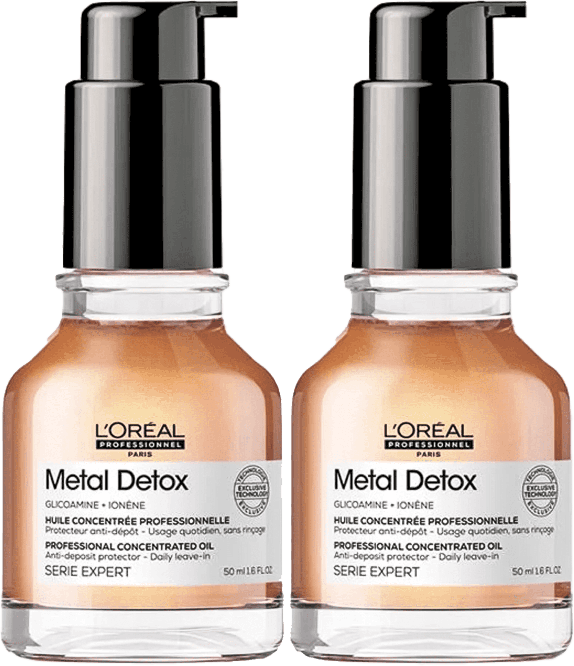 Dois óleos, com vidro transparente onde é possível ver o líquido dourado dentro. Tampa pump preta.