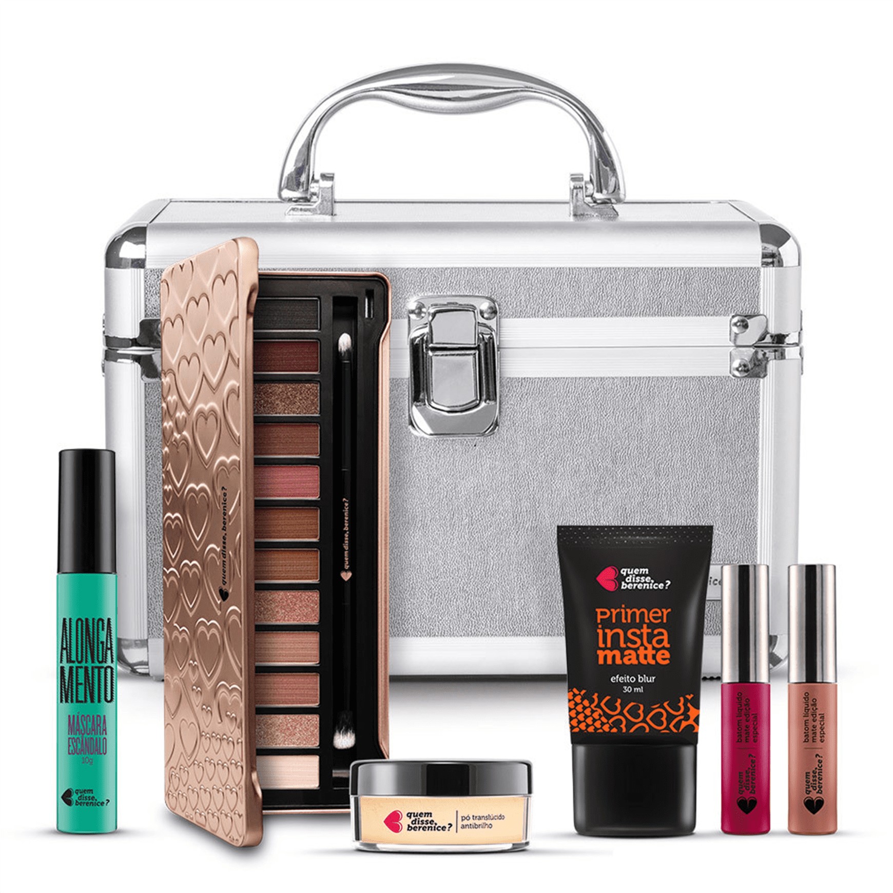 Kit Maleta: Paleta de Sombras Adoro Rosês + Primer + Pó Instamatte + Batom Líquido + Máscara Escândalo Preti
