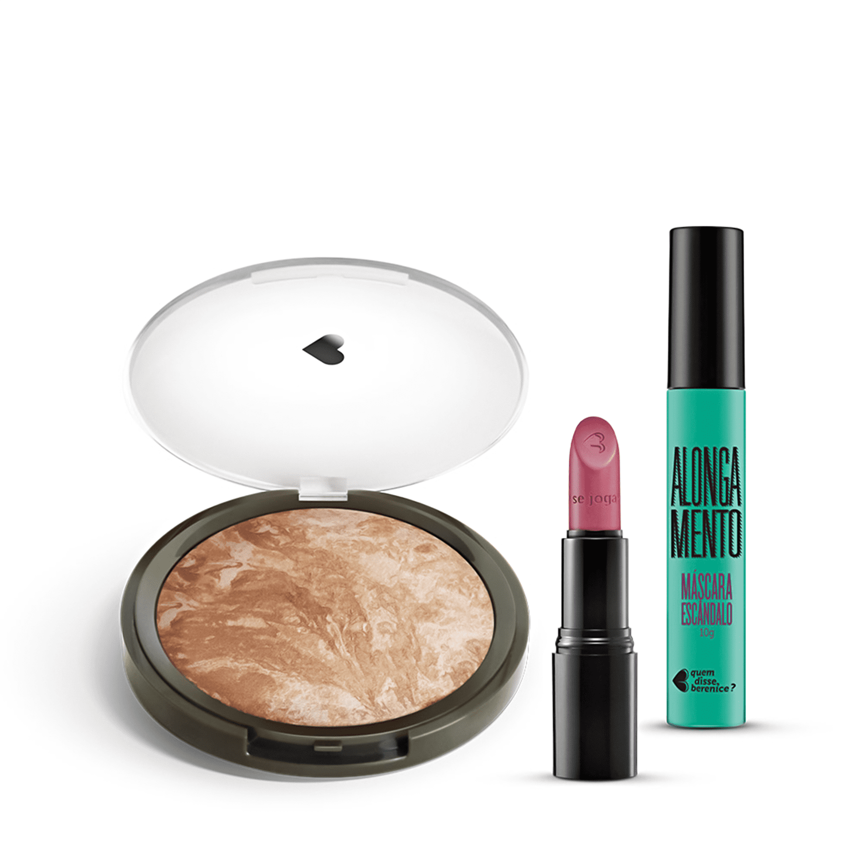 Kit Pó Iluminador Marmorizado + Máscara de cílios Escândalo Preti Alongamento + Batom Mate Veludo Amorando
