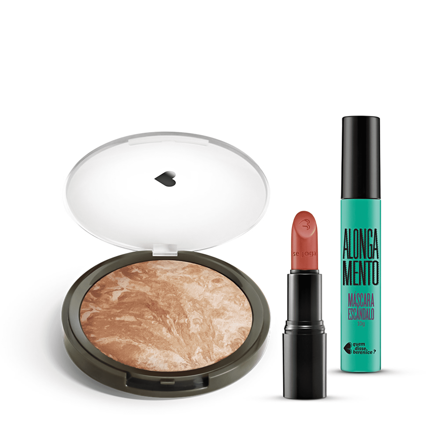Kit Pó Iluminador Marmorizado + Máscara de cílios Escândalo Preti Alongamento + Batom Mate Veludo Marronterra