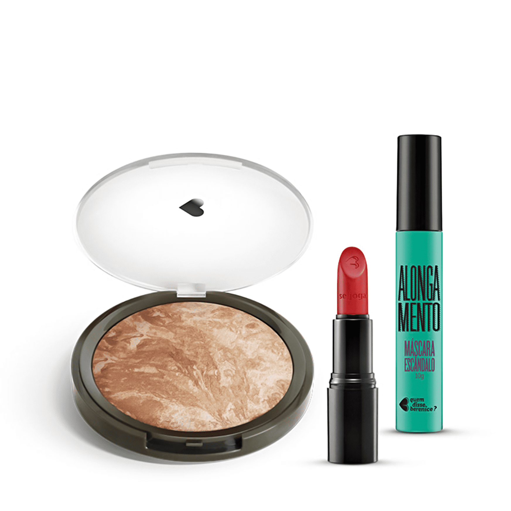 Kit Pó Iluminador Marmorizado + Máscara de cílios Escândalo Preti Alongamento + Batom Mate Vermelhíssimo