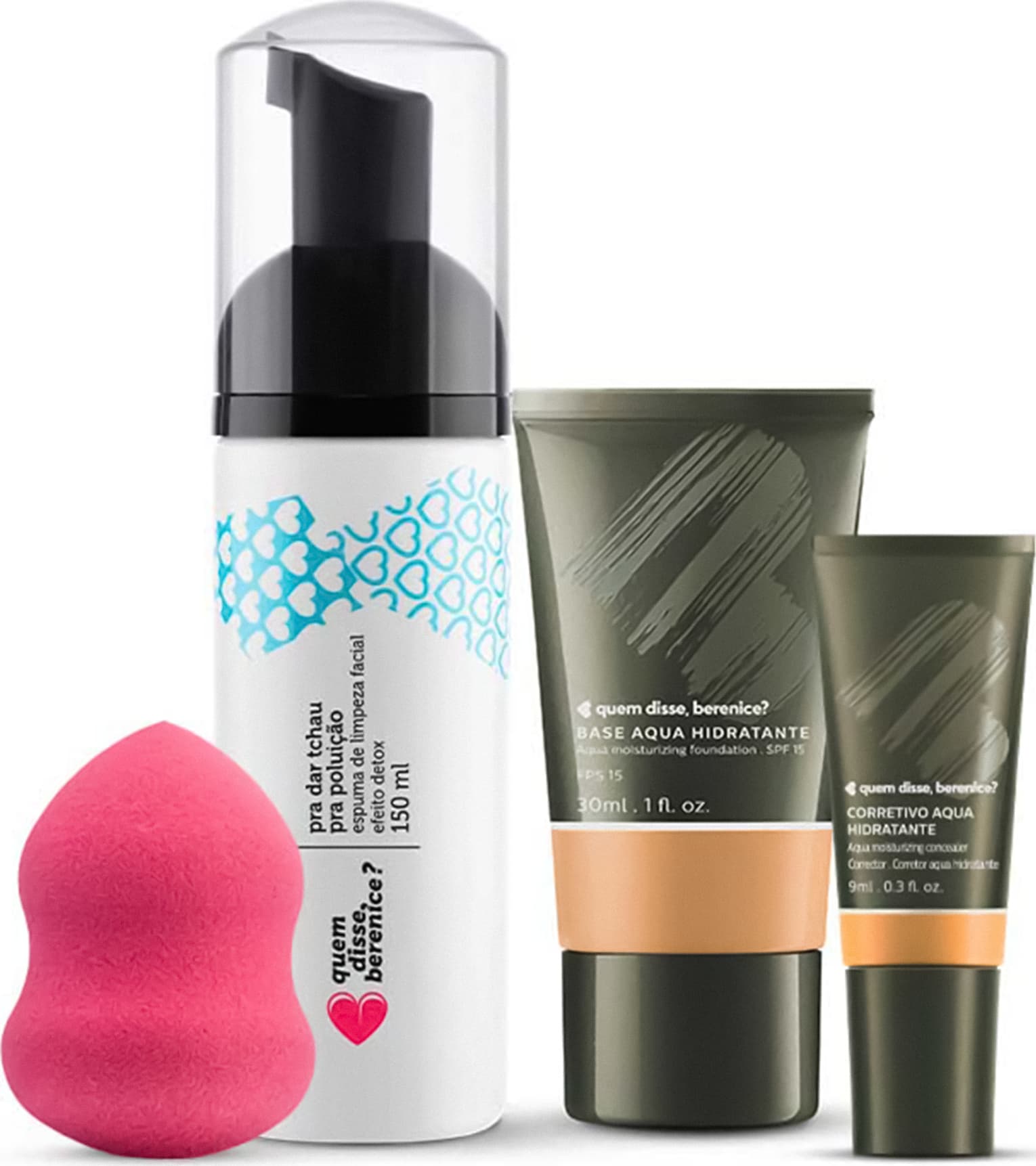 Kit Corretivo Aqua cor 02 + Base Aqua cor 03F + Espuma de Limpeza Tchau Poluição + Esponja Facial