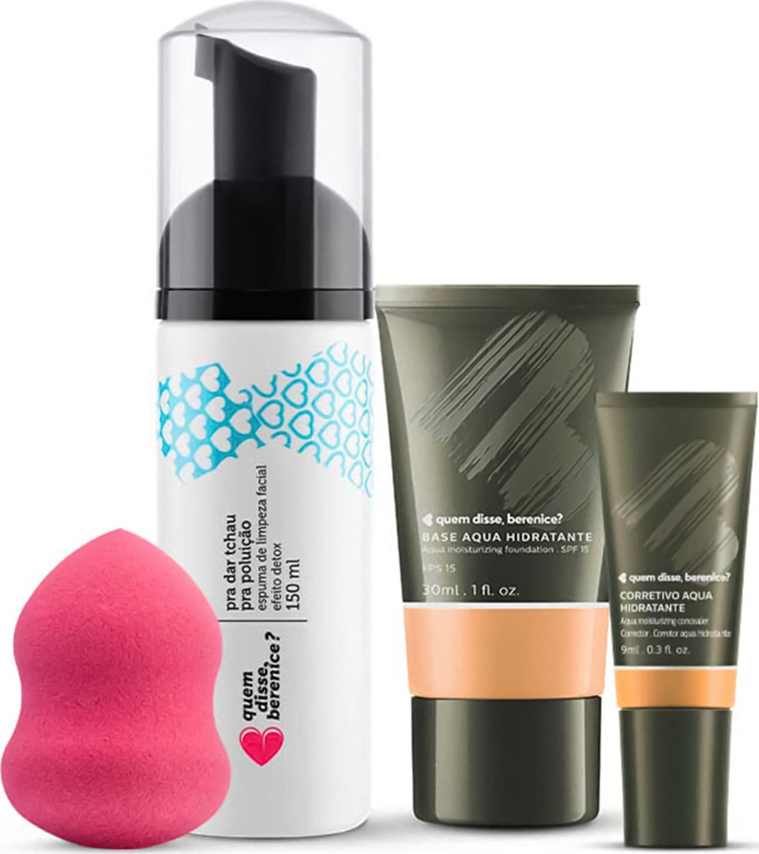 Kit Corretivo Aqua cor 02 + Base Aqua cor 01N + Espuma de Limpeza Tchau Poluição + Esponja Facial