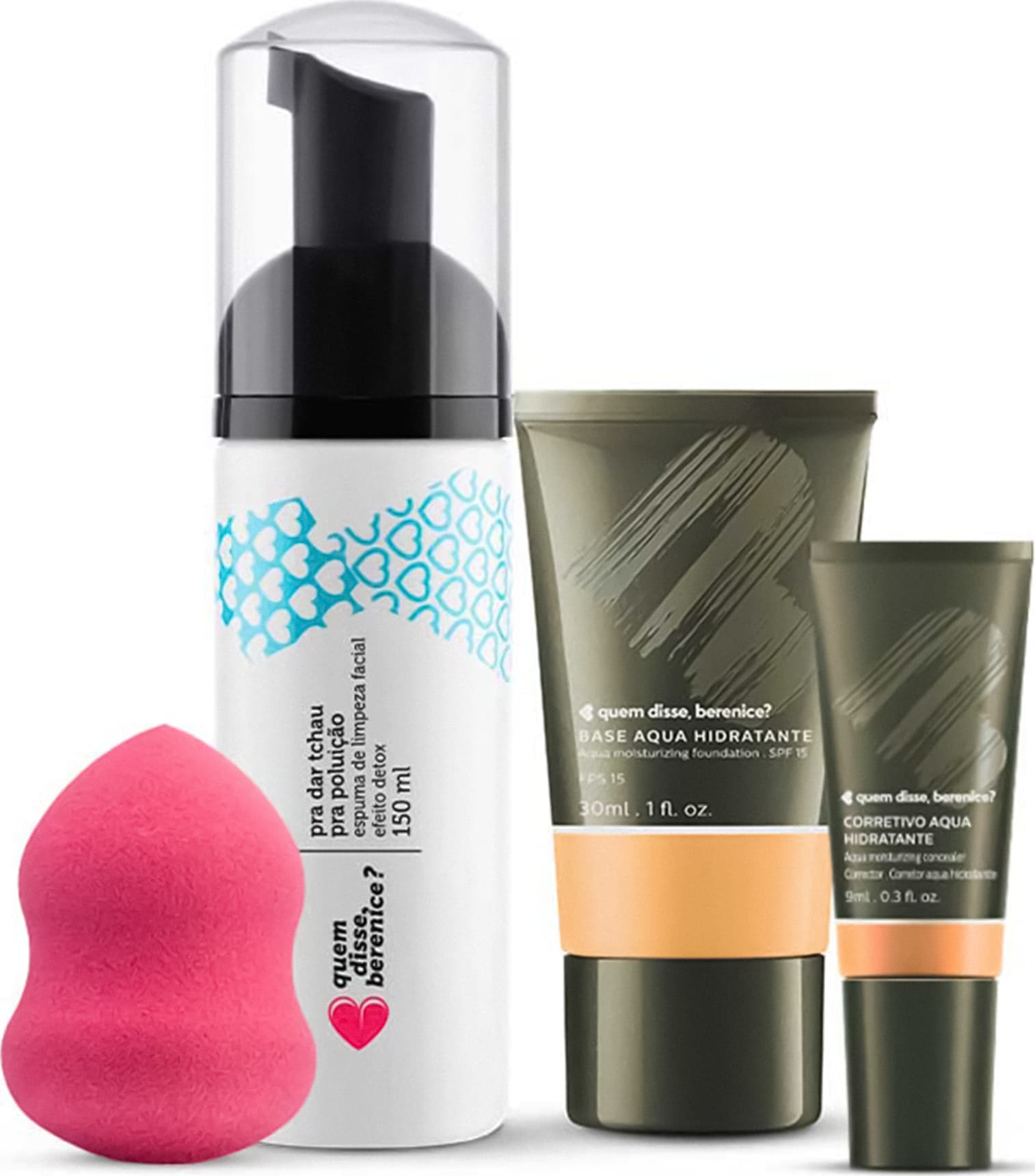 Kit Corretivo Aqua cor 04 + Base Aqua cor 04N + Espuma de Limpeza Tchau Poluição + Esponja Facial
