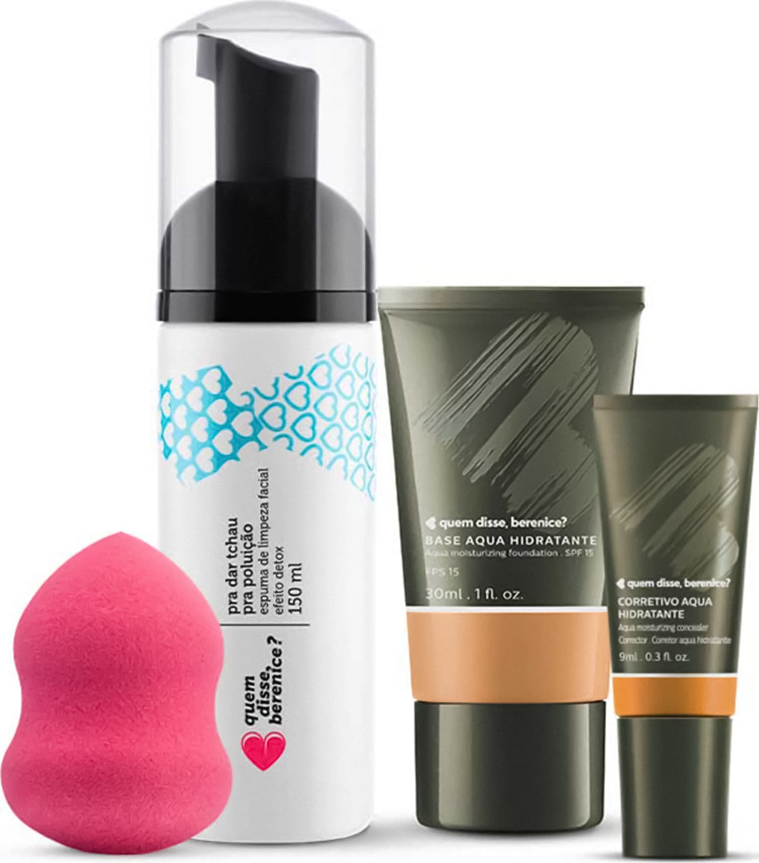 Kit Corretivo Aqua cor 07 + Base Aqua cor 06N + Espuma de Limpeza Tchau Poluição + Esponja Facial