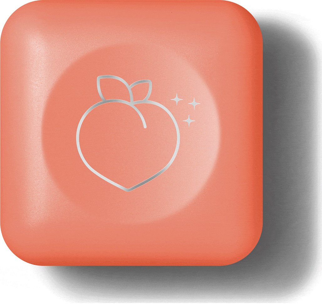 Ícone quadrado de cor coral com uma ilustração estilizada de uma fruta em formato de pêssego com uma folha no topo. O ícone tem pequenas estrelas ao redor da fruta, dando um toque delicado. O design é simples e minimalista.