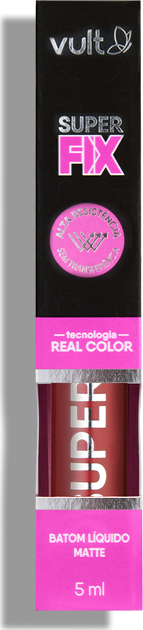 O produto apresentado é um batom líquido matte da marca Vult, da linha Super Fix. O produto está dentro da caixa, que é preta com detalhes em rosa, exibindo o logotipo da marca e o nome do produto.
