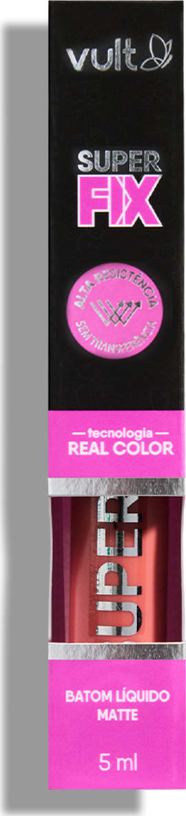 O produto apresentado é um batom líquido matte da marca Vult, da linha Super Fix. O produto está dentro da caixa, que é preta com detalhes em rosa, exibindo o logotipo da marca e o nome do produto.