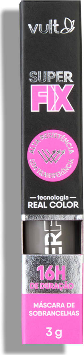 O produto apresentado é uma máscara de sobrancelhas da marca Vult, chamada "Super Fix". A embalagem é uma caixa preta com o logo da marca e o nome do produto em destaque.