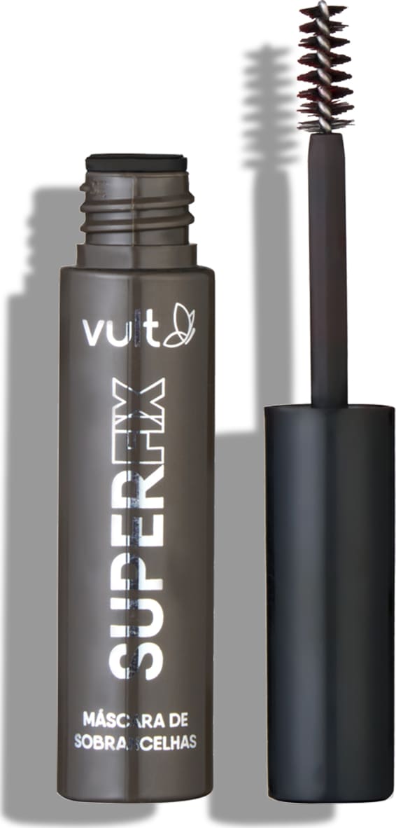 O produto apresentado na imagem é uma máscara de sobrancelhas da marca Vult. A embalagem é um tubo plástico de cor cinza, com o nome impresso em branco. O aplicador da máscara é visível na parte superior do tubo, com uma escova de cerdas escuras.
