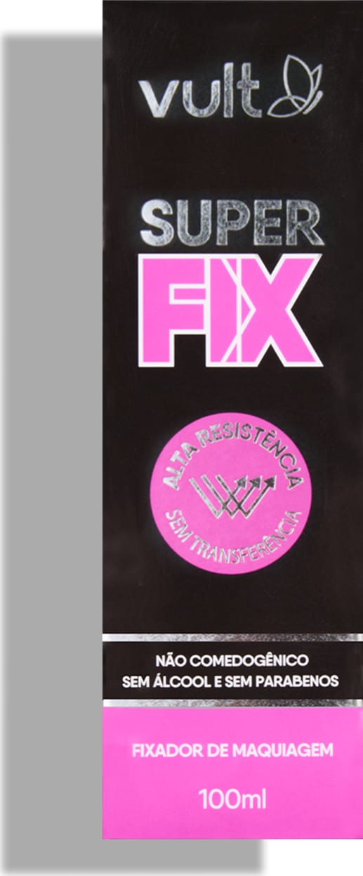O produto apresentado é um fixador de maquiagem da marca Vult, chamado "Super Fix". A embalagem é uma caixa preta com o logo da marca e o nome do produto em destaque, com uma cor rosa vibrante.
