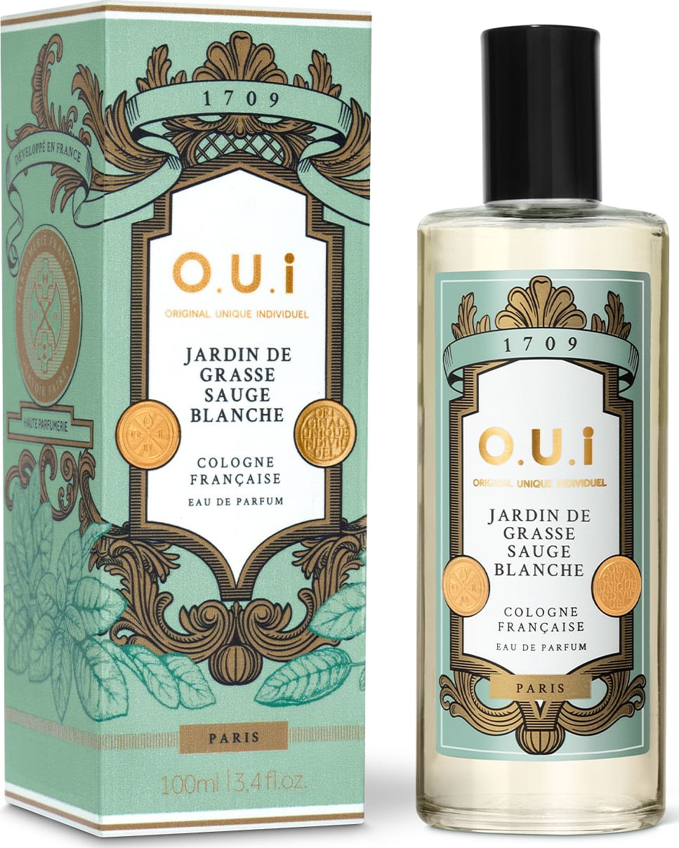 Frasco de perfume O.U.i. Jardin de Grasse Sauge Blanche ao lado da caixa, ambos com embalagem em tons de verde e dourado, exibindo ilustrações decorativas e informações sobre a fragrância.